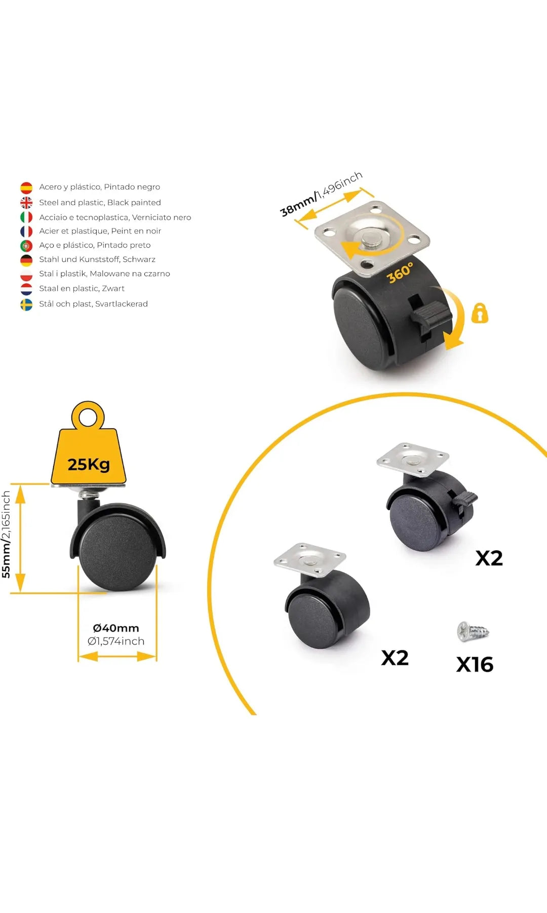 kit de 4 ruedas giratorias 40mm  emuca