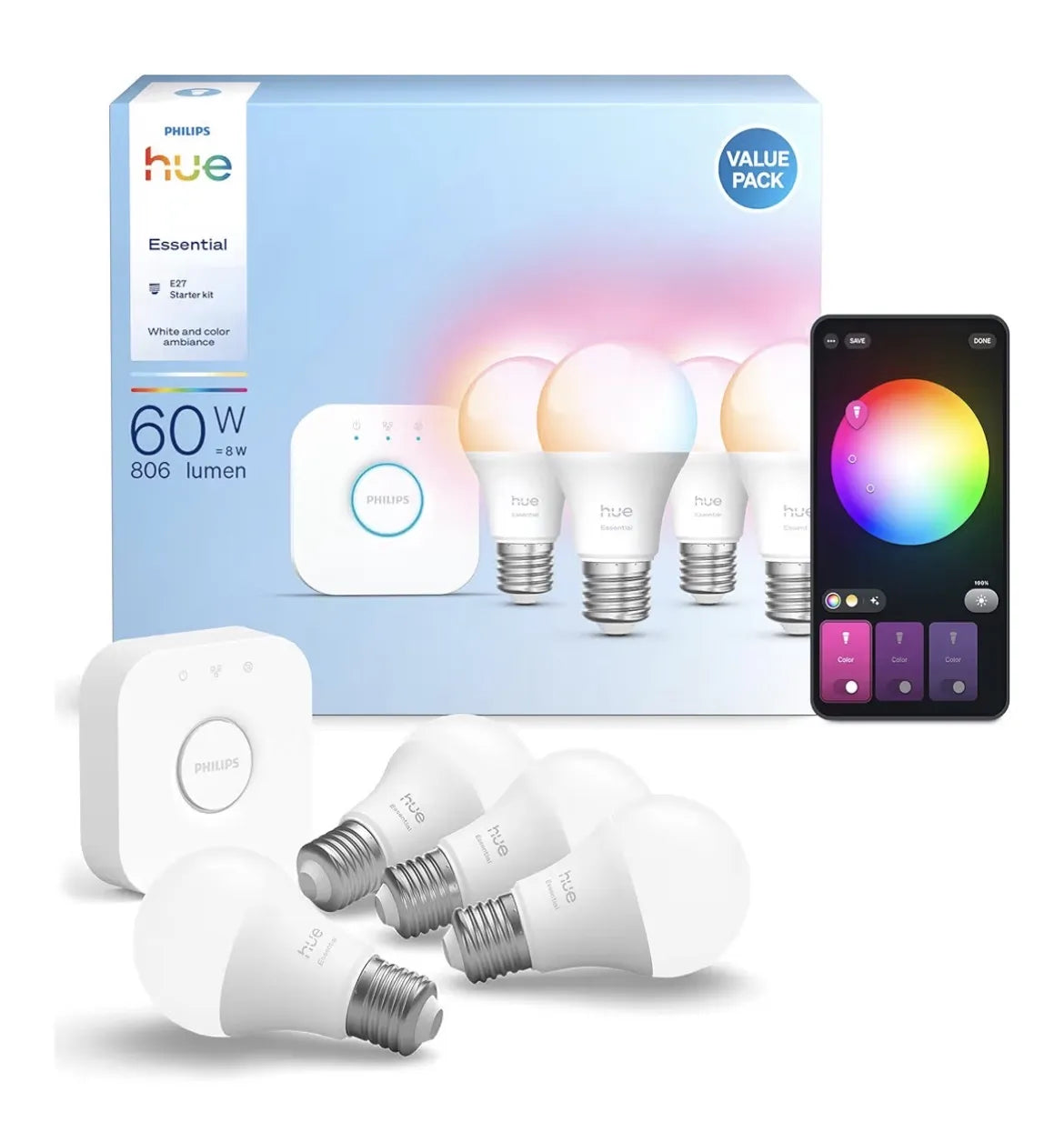 Kit Inicio: Hue Bridge + 4 bombillas led Hue Essentials