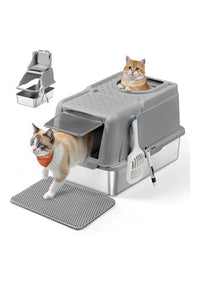Caja de Arena de Acero Inoxidable para Gatos con Tapa Abatible