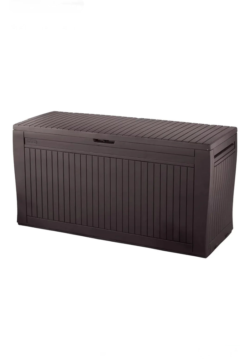 Keter Comfy – Baúl de almacenamiento para exteriores, capacidad 270 L, resina, marrón, jardín y terraza, 44,7 x 116,5 x 57 cm