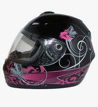 Casco de moto negro con diseño floral