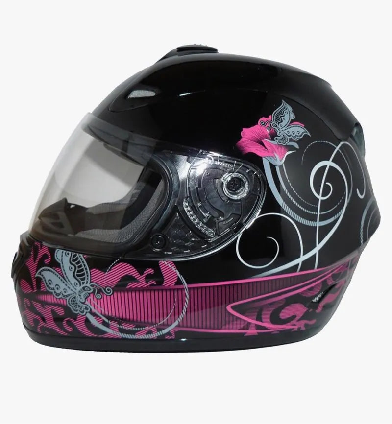 Casco de moto negro con diseño floral