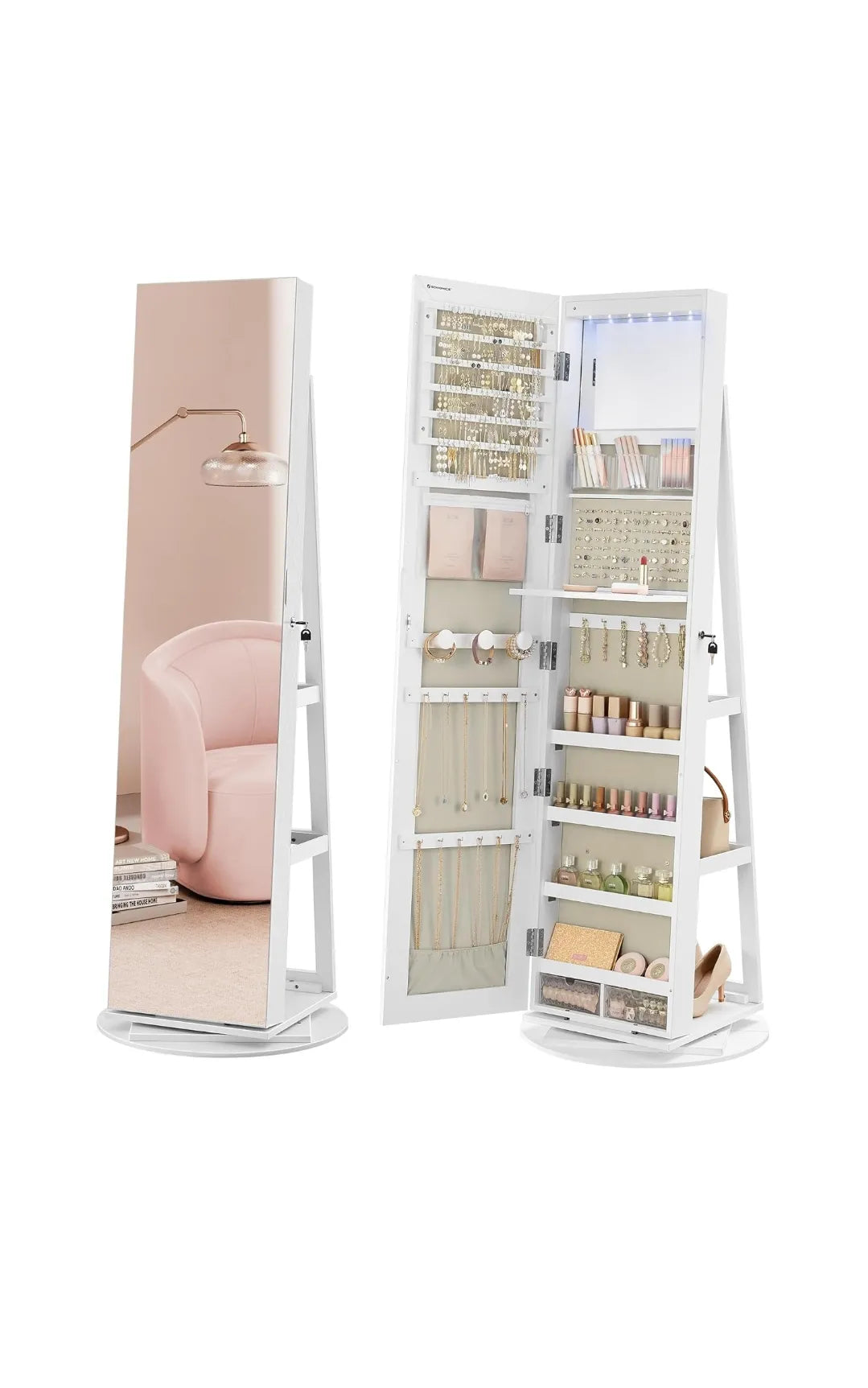 Armario de joyería con espejo con cerradura de 6 LED, organizador de joyas