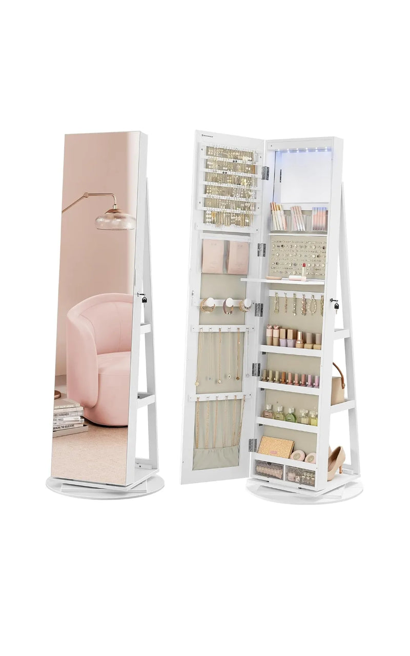 Armario de joyería con espejo con cerradura de 6 LED, organizador de joyas