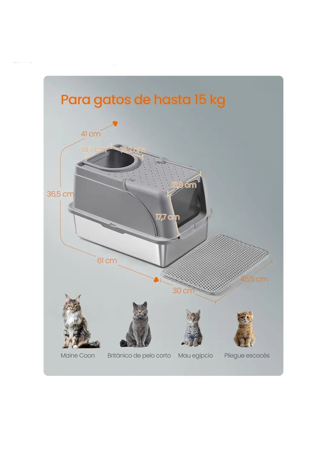 Caja de Arena de Acero Inoxidable para Gatos con Tapa Abatible