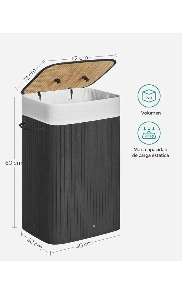 Cesta de lavandería con tapa, de bambú, plegable