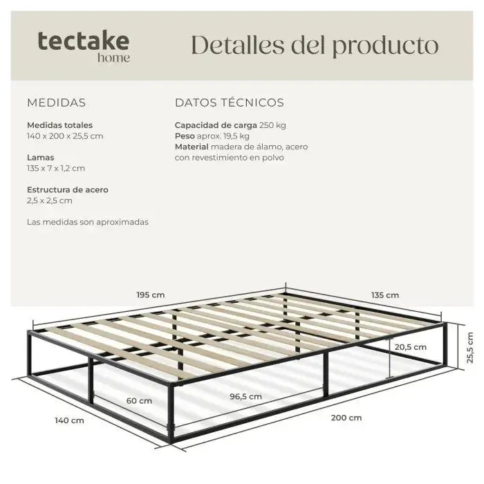 Estructura de cama de metal KYOTO 140 x 200 x 25,5 cm