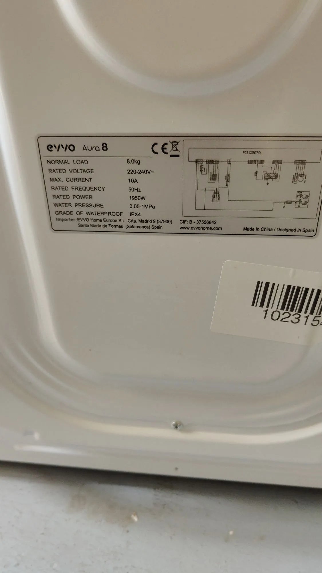 Lavadora Integrable 8kg, Vapor, Eficiciencia Clase A