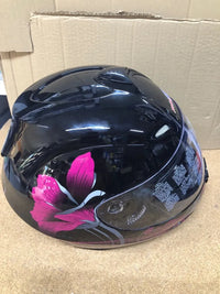 Casco de moto negro con diseño floral